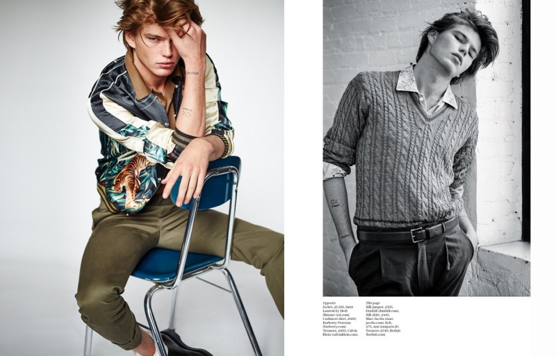 Left: Jordan Barrett channels 1950s style in a souvenir jacket from Saint Laurent. Right: Jordan plays it smart in a cableknit v-neck sweater from Dunhill.