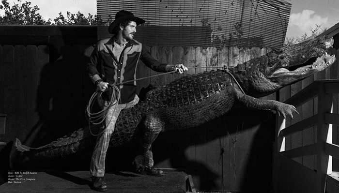 Donning a Stetson hat, Justice Joslin embraces rugged style in a RRL Ralph Lauren western shirt and G-Star Raw denim jeans.