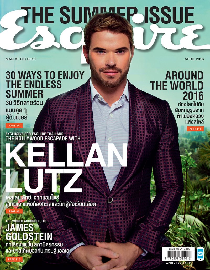 Kellan Lutz covers the summer 2016 issue of Esquire Thailand, wearing a Dolce & Gabbana tuxedo jacket, Canali shirt and Bally trousers.
