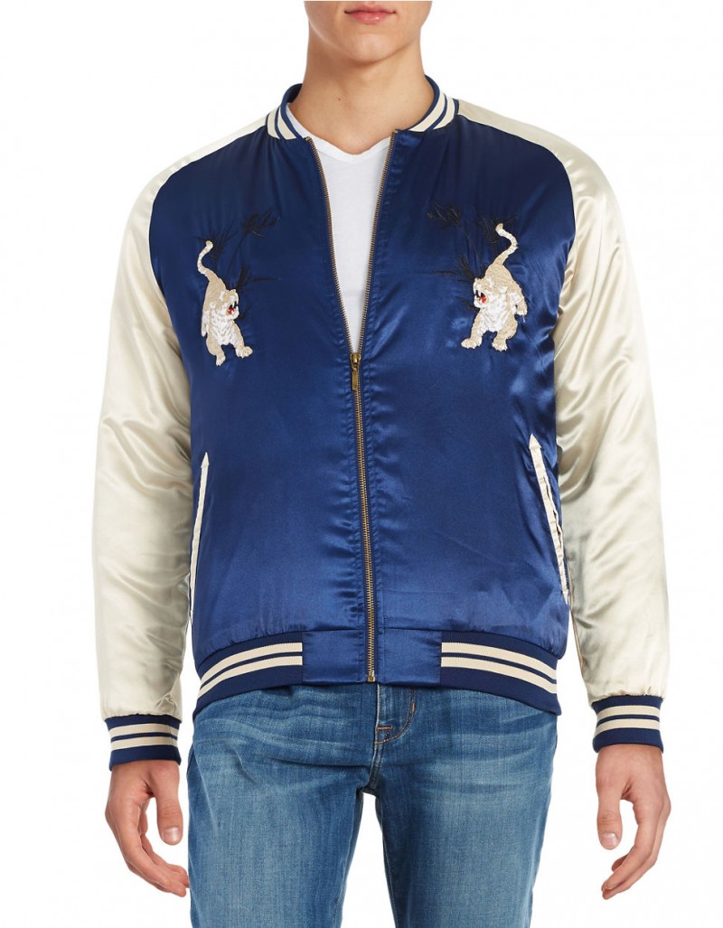 Lord & Taylor Laboratory Man Satin Souvenir Jacket: Retailer Lord & Taylor taps into the souvenir jacket trend with its very own brand. A pair of tigers decorate the blue and white style, which features a varsity collar. 