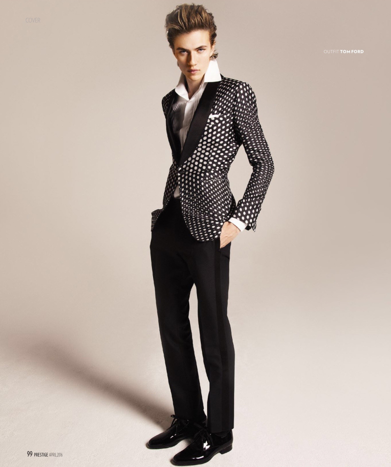 Lucky Blue Smith is a dashing figure in a tuxedo from Tom Ford.