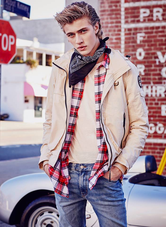 Lucky Blue Smith goes casual in a bandana and plaid shirt for Isenberg's spring-summer 2016 campaign.