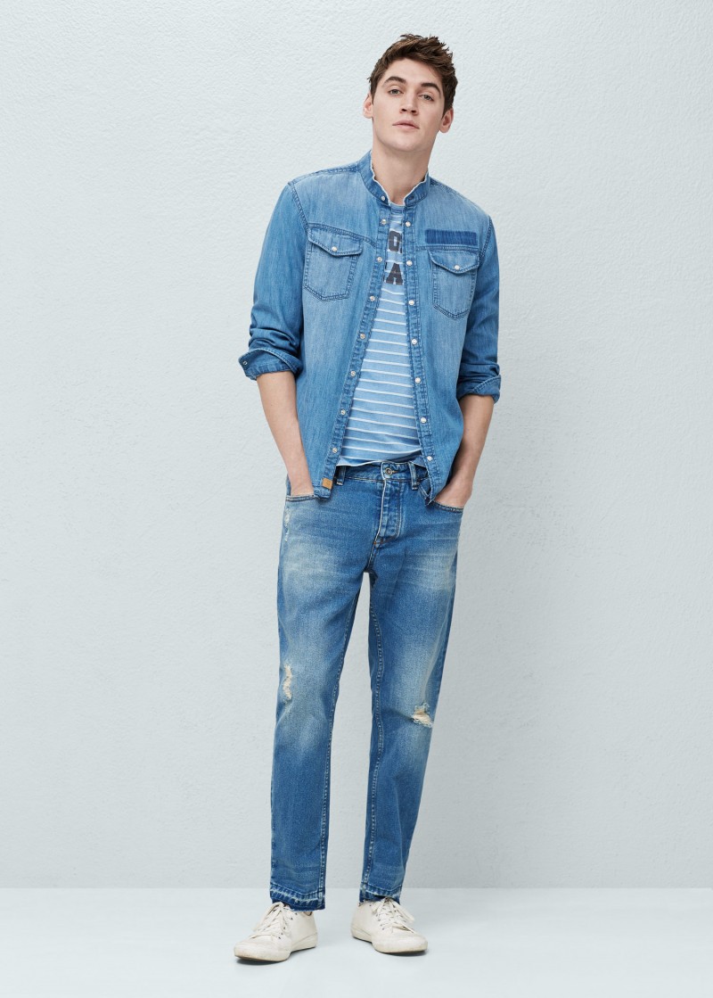 Mango Blacksmith Denim Mao Collar Chambray Shirt