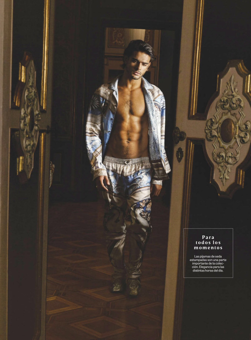 Marlon Teixeira models silk print pajamas from Dolce & Gabbana Sartoria.