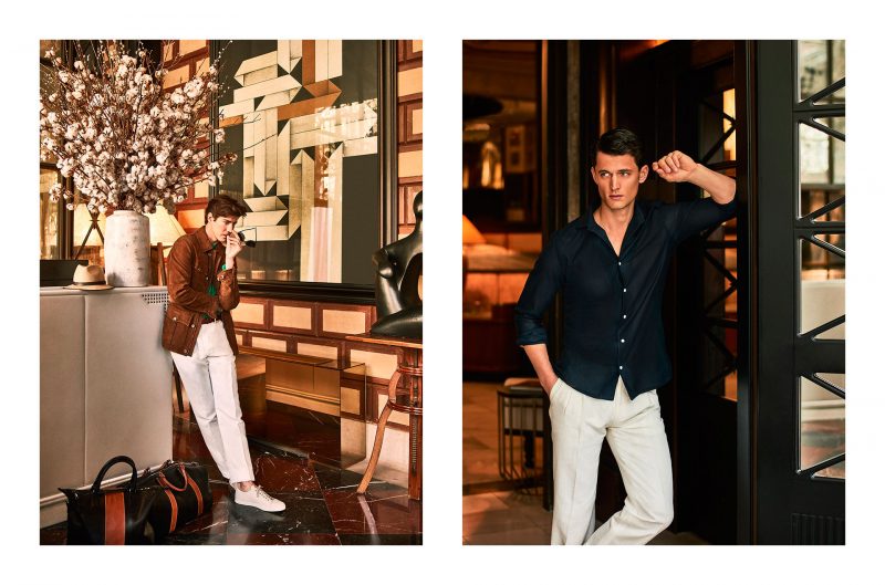 Left: Oriol Elcacho dons a suede safari jacket with white trousers from Massimo Dutti. Right: Garrett Neff goes smart casual in a button-down shirt and linen pleated trousers.