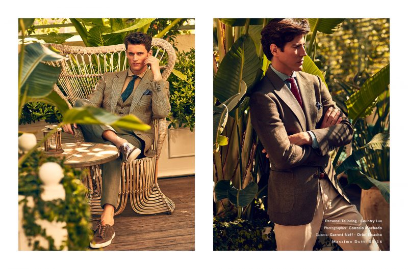 Left to Right: Garrett Neff wears a dapper blazer and waistcoat combo, going for a casual finish with leather sneakers. Oriol Elcacho is a striking vision in Massimo Dutti's linen sportcoat.