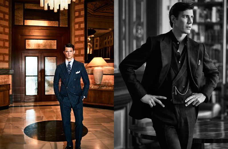 Left: Garrett Neff dons a business worthy pinstripe suit. Right: Oriol Elcacho is pictured in a chic three-piece suit.