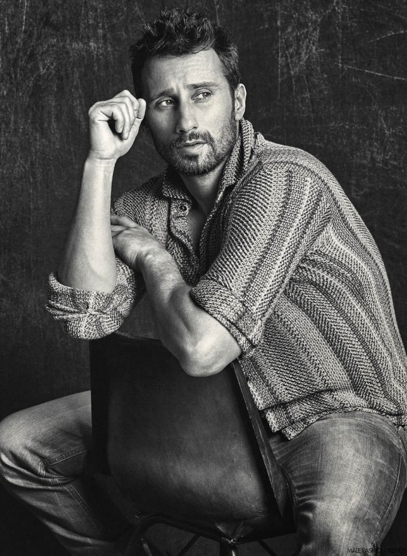 Matthias Schoenaerts poses for a black & white image for Men's Fashion.