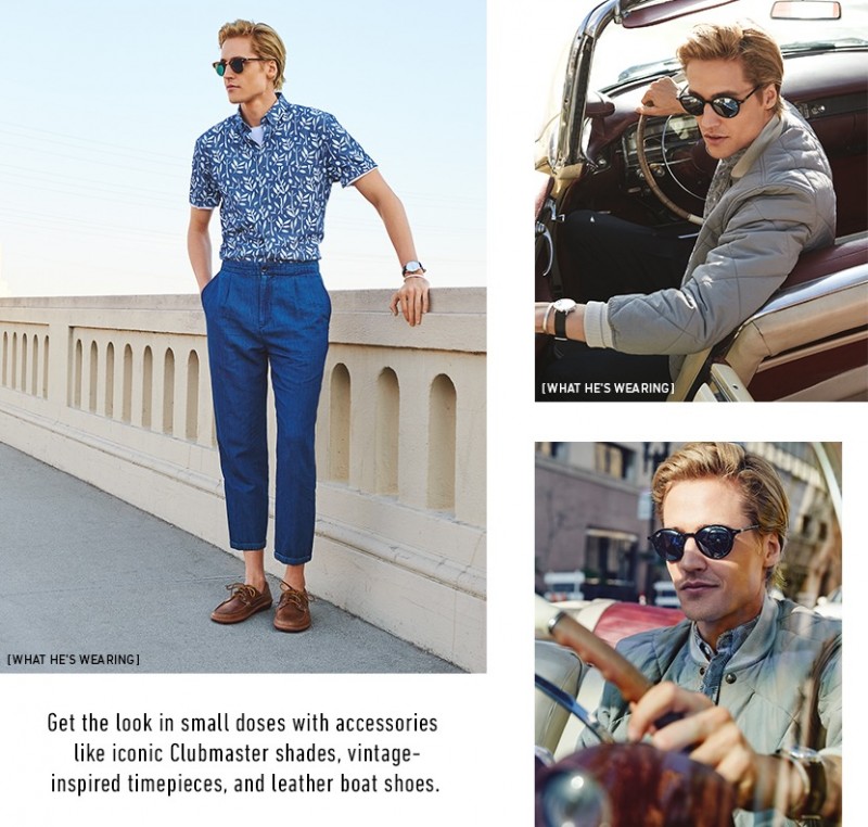 Left: Vince cropped chinos, Zanerobe print short-sleeve shirt, Levi's Made & Crafted classic pocket tee, Uniform Wares watch, Le Gramme silver cuff, Ray-Ban Clubmaster sunglasses and Quoddy boat mocs. Right: Rag & Bone quilted bomber jacket, Billy Reid short-sleeve shirt, 3.1 Phillip Lim trousers, Miansai watch, Le Gramme silver cuff and Ray-Ban full fit round sunglasses.