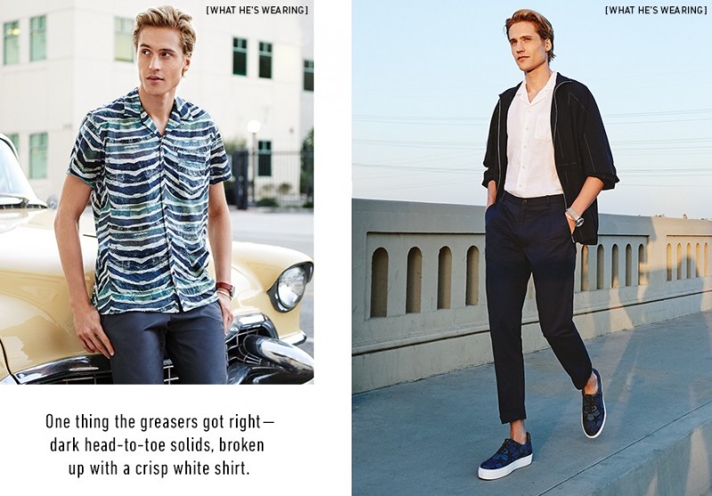 Left: IRO graphic short-sleeve shirt, Marni cropped pants, Miansai watch and Le Gramme silver cuff. Right: Alexander Wang track jacket, Todd Snyder linen short-sleeve shirt, DDUGOFF trousers, Le Gramme silver cuff, Tsovet watch and Ports 1961 denim sneakers.