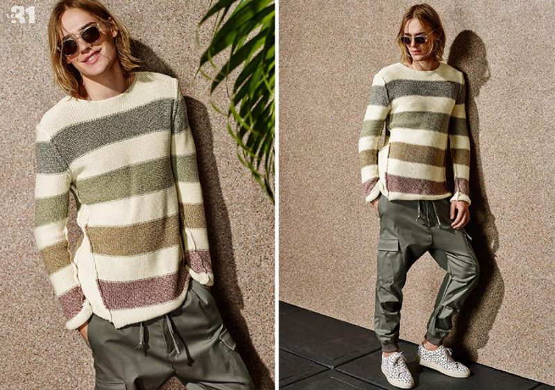 Striped Philosophy: Ton Heukels is a cool vision in a modern wide striped sweater and cargo pants.
