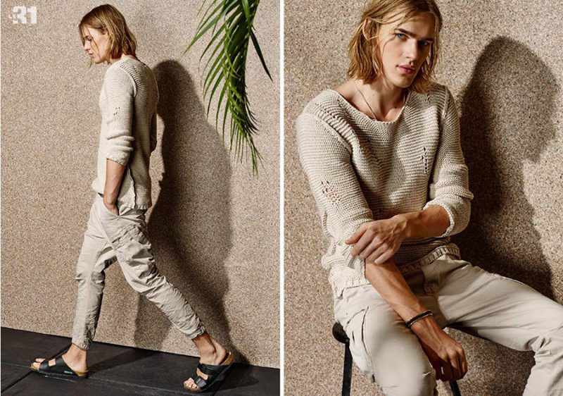 Castaway: Ton Heukels dons a monochromatic ensemble that revolves around a deconstructed knit sweater.