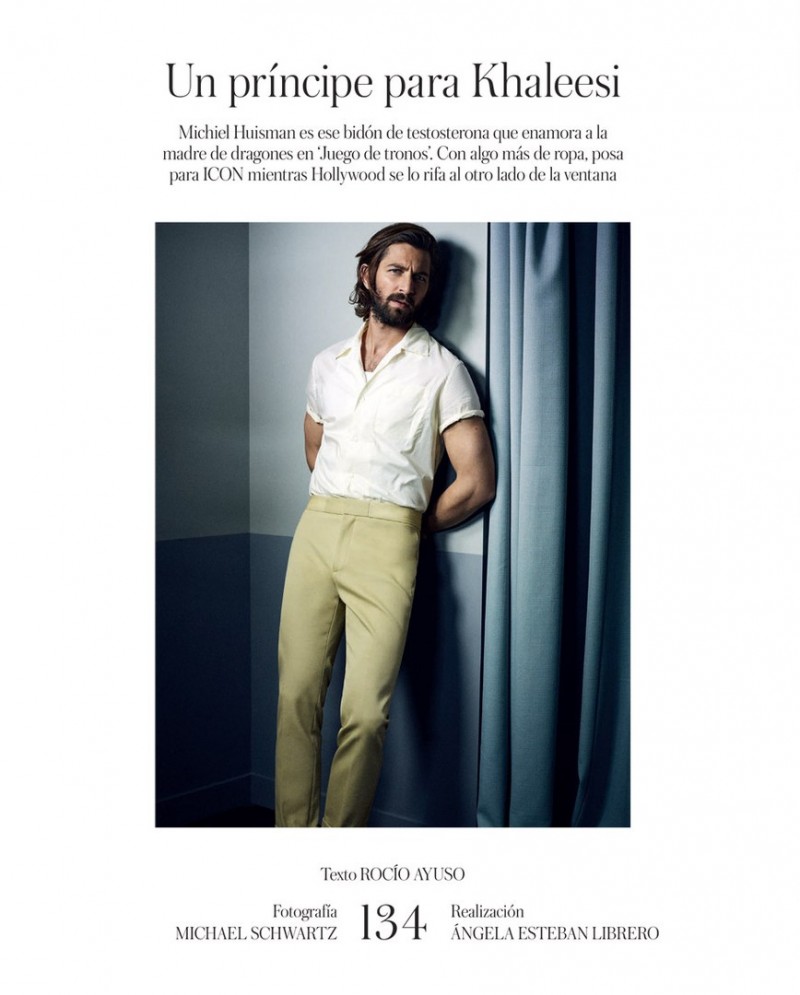 Photographed for Icon El País, Michiel Huisman dons a camp shirt from Louis Vuitton with Calvin Klein Collection trousers.