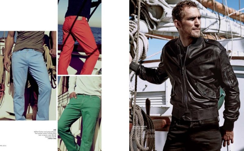 Left: Will Chalker wears an array of colorful pants from AG. Right: Will tackles cool fashions in a black leather jacket and denim jeans from Ralph Lauren Purple Label.