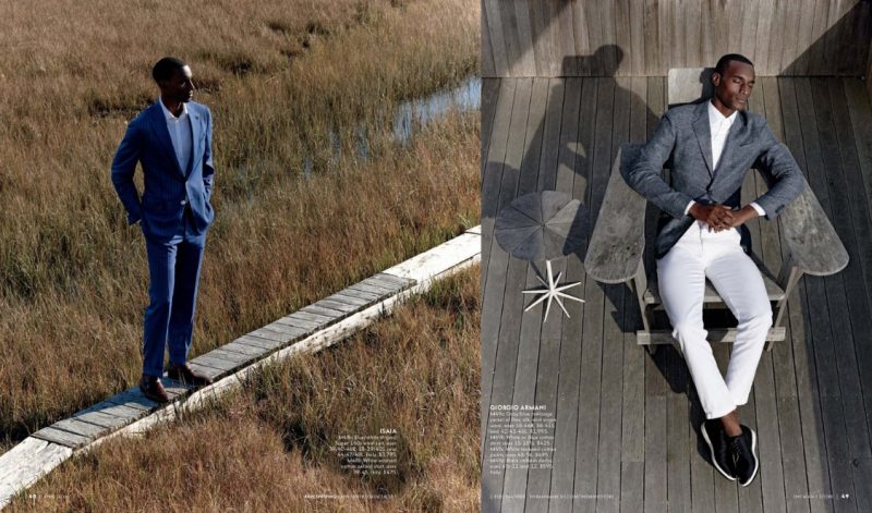 Left to Right: Corey Baptiste wears a blue striped suit from ISAIA. Relaxing in tailored separates, Corey is pictured in Giorgio Armani.