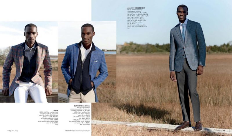 Left to Right: Corey Baptiste wears complete looks from ISAIA, Luciano Barbera and Armani Collezioni.