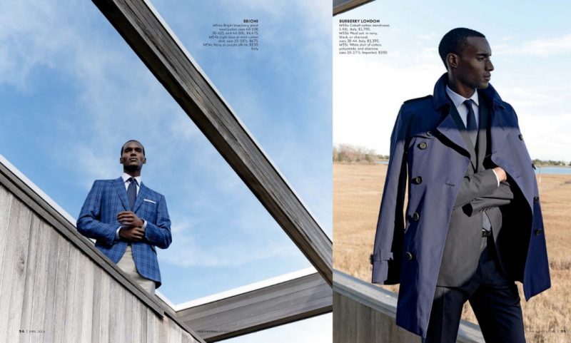 Left to Right: Corey Baptiste wears a blue plaid suit from Brioni. Corey pictured in one of Burberry London's signature trench coats with a wool suit.