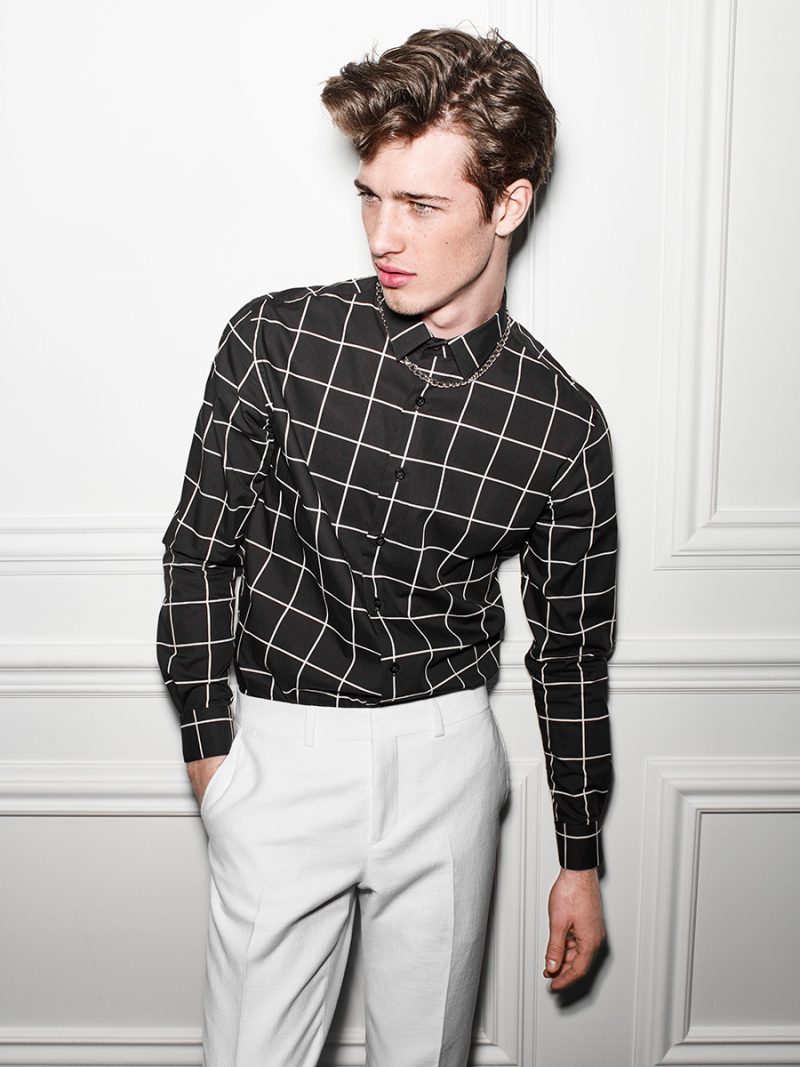 Graphic Touch: Robbie Beeser pictured in white trousers and a Le 31 grid print shirt. » Simons Inspires with Modern Prom Styles Graphic Touch: Robbie Beeser pictured in white trousers and a Le 31 grid print shirt.