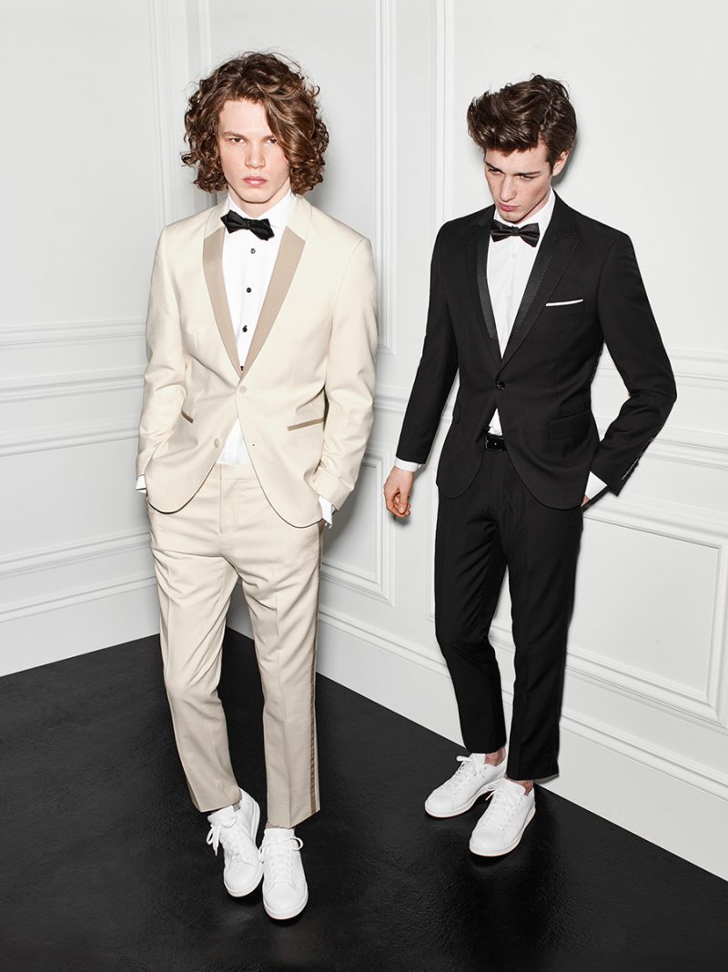 Sneaker Play: Arran Turton-Phillips and Robbie Beeser don street tuxedos from Le 31 with white sneakers.