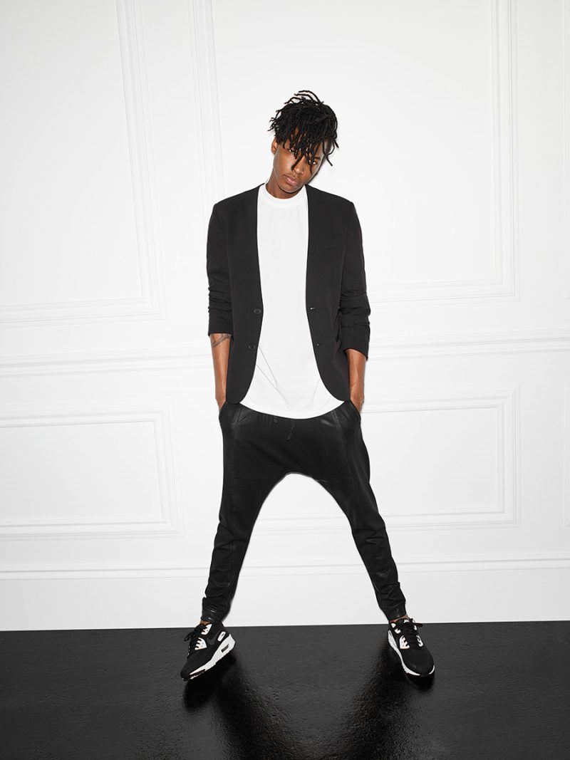 Modern Statement: Matthew Davidson gravitates towards black and white with a collarless suit jacket.