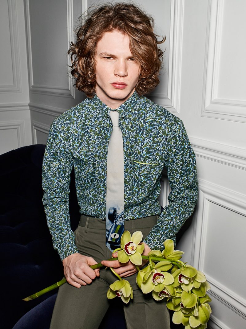 Prom Florals: Arran Turton-Phillips wears a micro floral camo shirt from Le 31.