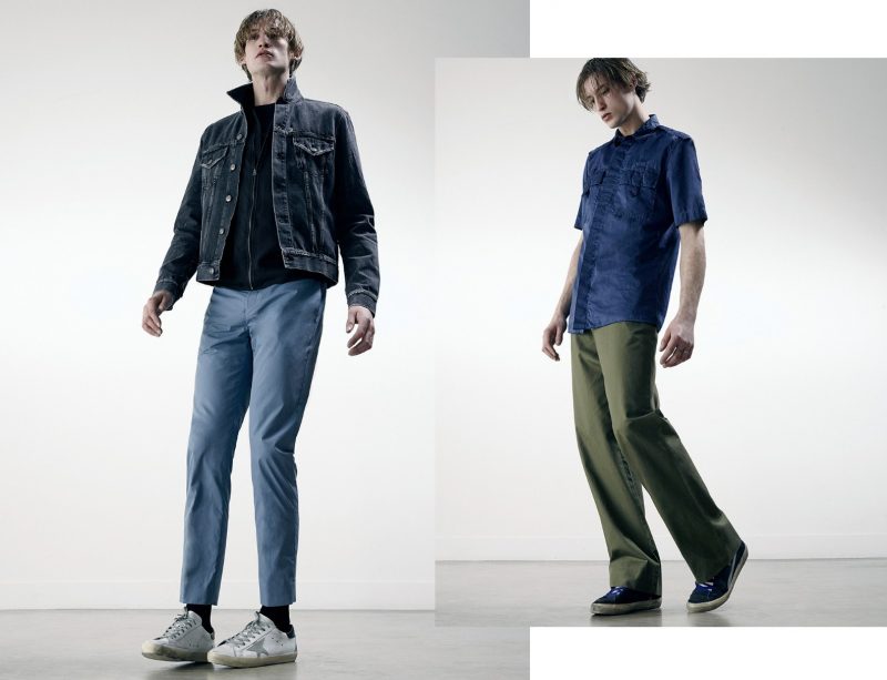 Left to Right: Henry Evans wears all clothes Acne Studios and sneakers Golden Goose Deluxe Brand. Henry wears shirt Bottega Veneta, trousers Lemaire and sneakers Golden Goose Deluxe Brand.