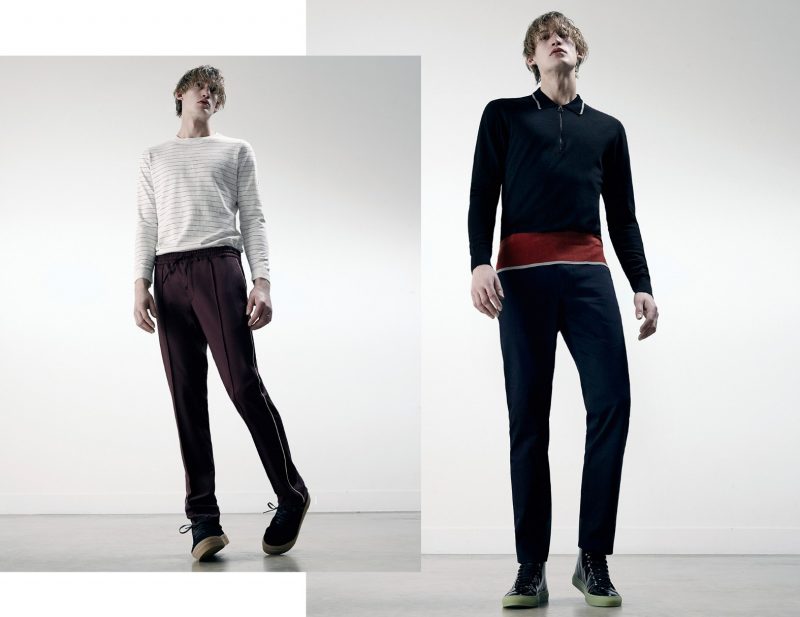Left to Right: Henry Evans wears striped sweater Brunello Cucinelli, track pants Valentino and sneakers Eytys. Henry wears dip-dye long-sleeve knit polo Lanvin, trousers Raf Simons and high-top sneakers Common Projects.
