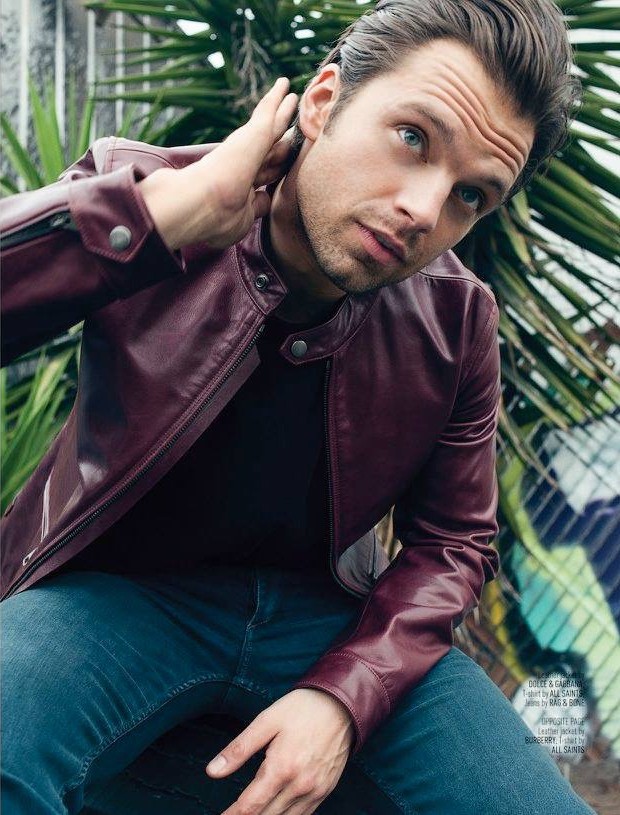 Sebastian Stan sports a leather racer jacket from Dolce & Gabbana.