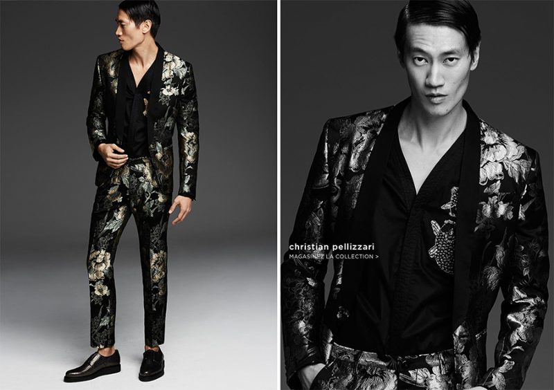 Philip Huang transforms into the dandy with a patterned suit from Christian Pellizzari. » See Simons' Designer Proposal for the Season Philip Huang transforms into the dandy with a patterned suit from Christian Pellizzari.