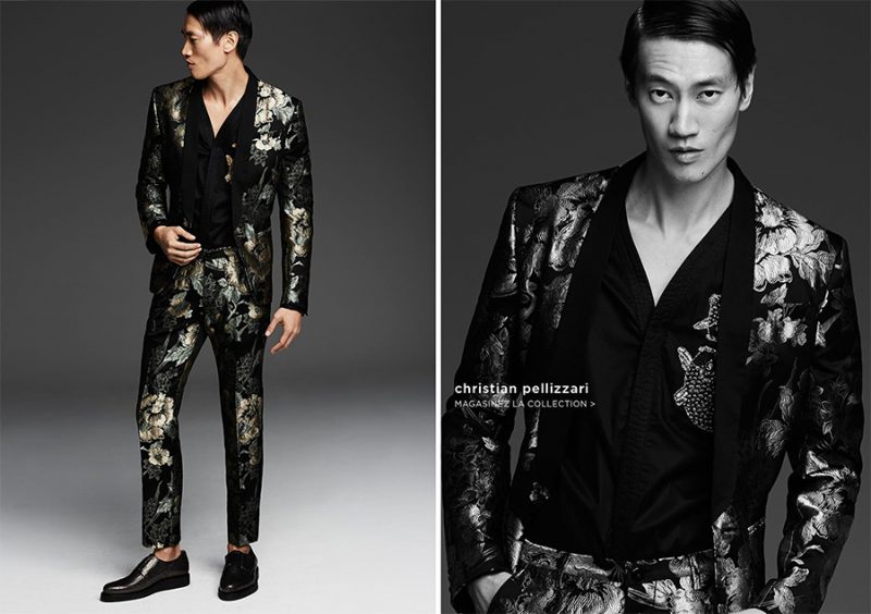 Philip Huang transforms into the dandy with a patterned suit from Christian Pellizzari. 