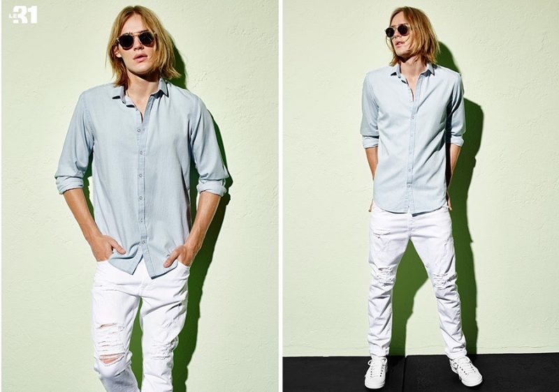 White Denim Ease: Ton Heukels pictured in a pair of ripped white denim jeans with a smart button-down shirt from Le 31. » Simons Le 31 Style: Ton Heukels Exudes Summer Cool White Denim Ease: Ton Heukels pictured in a pair of ripped white denim jeans with a smart button-down shirt from Le 31.