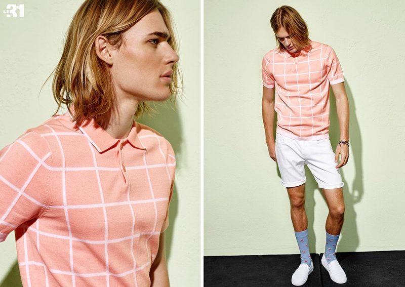 Grid Alert: Ton Heukels embraces a preppy Le 31 look in a windowpane print polo shirt in coral with white rolled shorts.