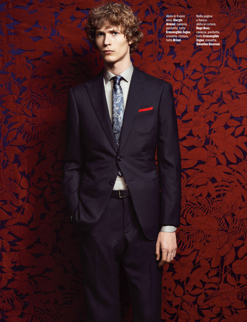 Sven de Vries models an impeccably tailored suit from Giorgio Armani.