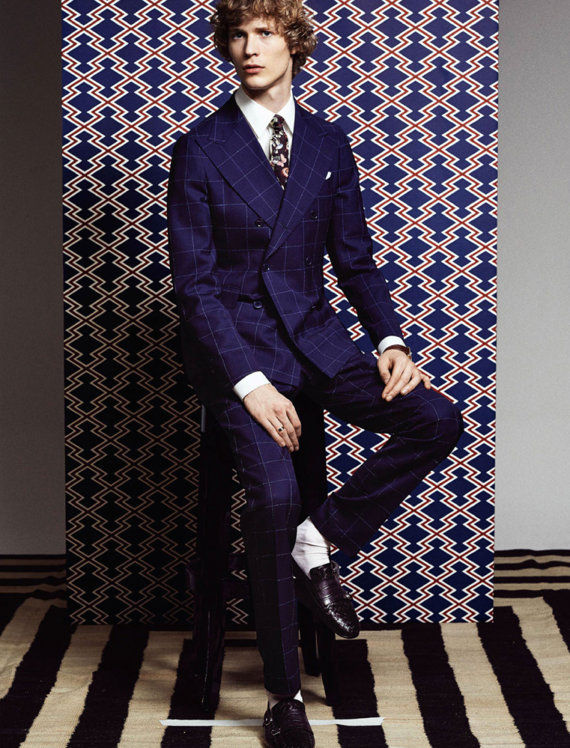 Sven de Vries is pictured in a blue windowpane suit from Tagliatore.