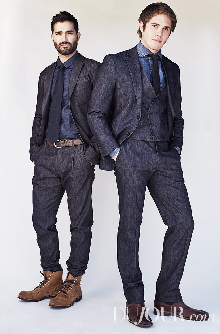 Tyler Hoechlin and Blake Jenner don denim suits respectively from Tommy Hilfiger and Samuelsohn.