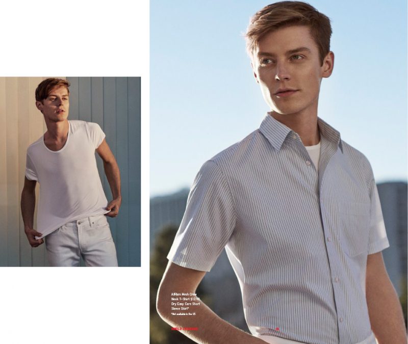 Left: Janis Ancens wears AIRism mesh crenwneck t-shirt and Mirsole Air skinny fit jeans from UNIQLO. Right: Janis Ancens wears AIRism mesh crewneck t-shirt and Dry Easy Care short-sleeve shirt UNIQLO.