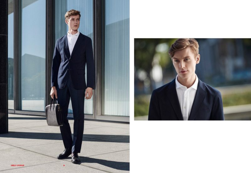 Janis Ancens wears ultra lighweight suit and dry shirt collar polo shirt from UNIQLO.