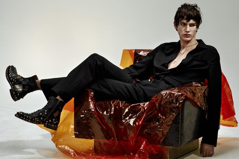 Elias de Poot dons a pinstripe suit from Salvatore Ferragamo. » Masculin Singulier: Elias de Poot & Presley Gerber for Vogue Hommes Paris Elias de Poot dons a pinstripe suit from Salvatore Ferragamo.