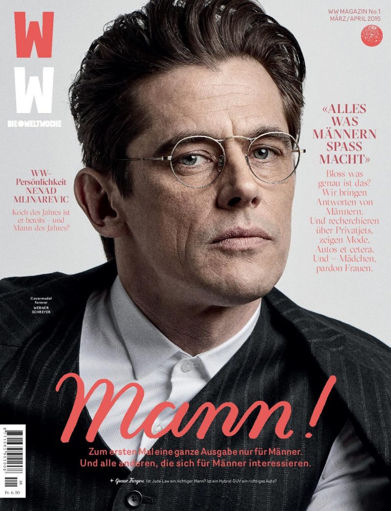 Wearing round glasses and a three-piece pinstripe suit, Werner Schreyer covers the March/April 2016 issue of WW magazine.