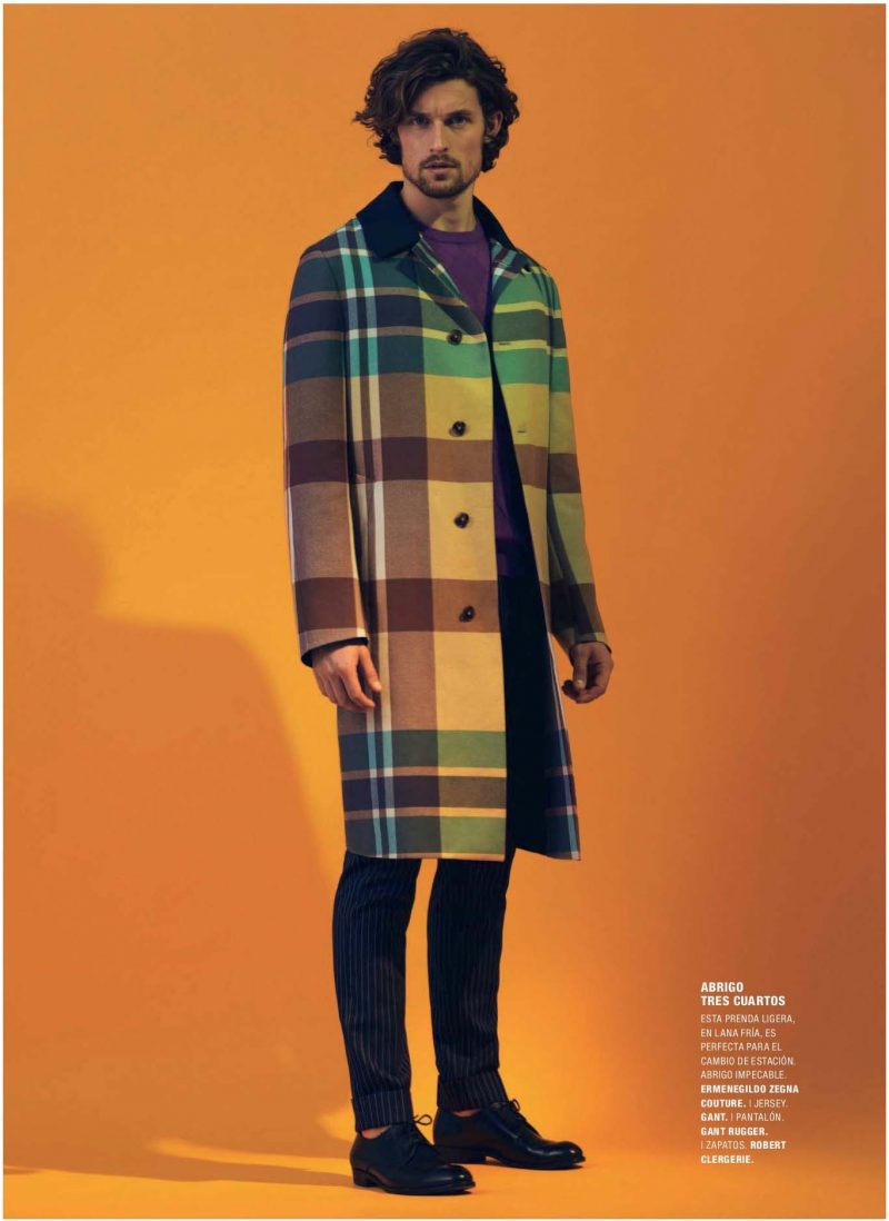 Wouter Peelen pictured in a plaid coat from Ermenegildo Zegna Couture.