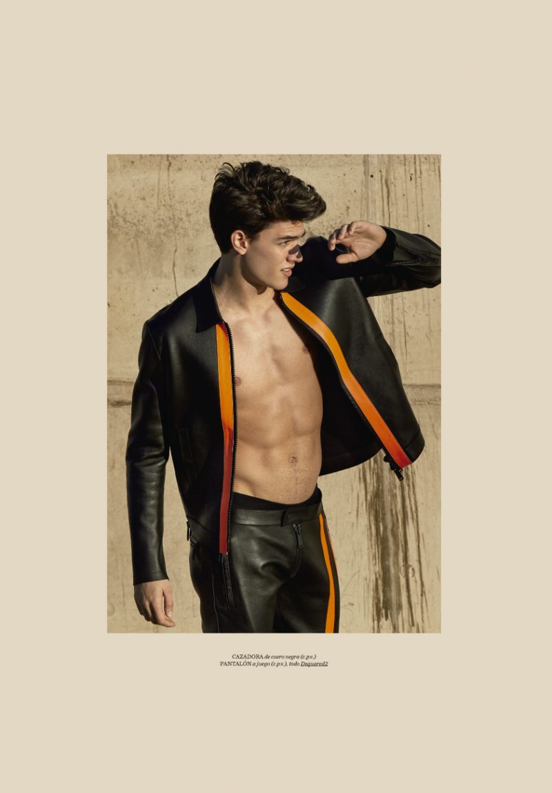 Xavier Serrano makes a leather statement in black and orange Dsquared2.