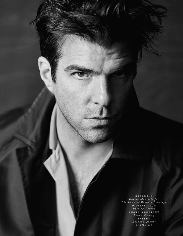 Zachary Quinto dons a Versace trench coat with Berluti trousers and an Emporio Armani shirt.