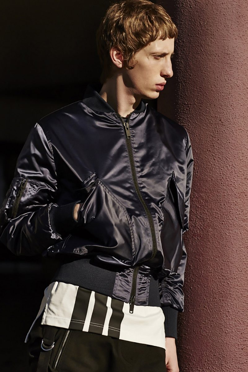 CMMN SWEDN Satin Bomber Jacket and Y-3 Striped Cotton T-Shirt.