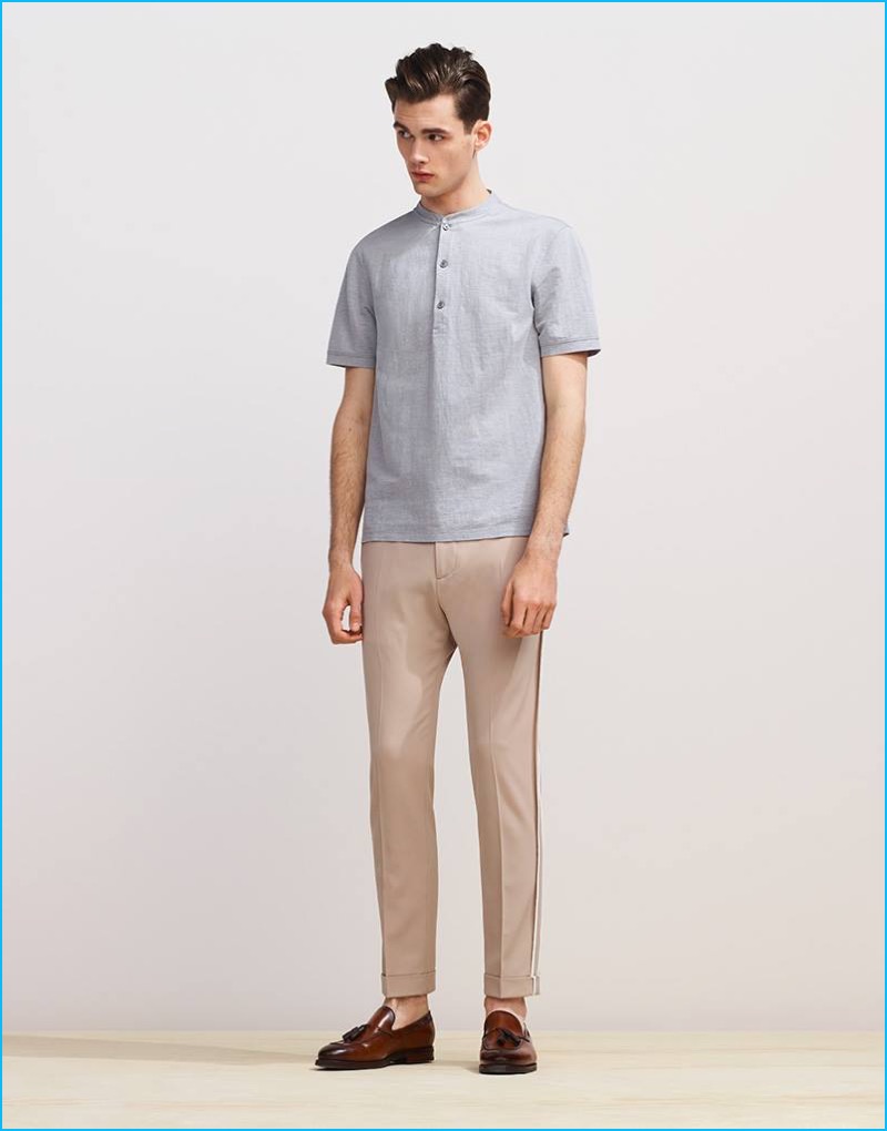 A granddad collar shirt and pleated trousers keep an elegant air with ALDO's PALLINI distressed leather loafers, which feature a tassel and block heel.