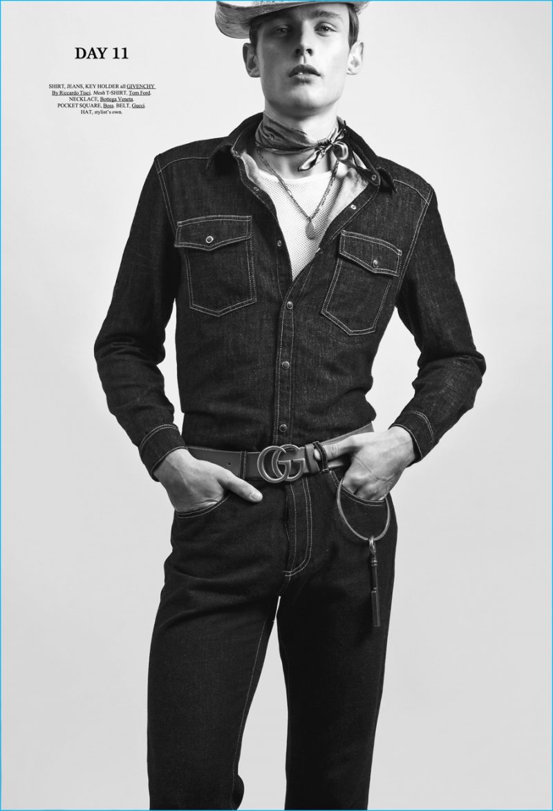 Alexander Stoltz doubles down on denim, wearing Givenchy denim staples with a Gucci GG logo belt.