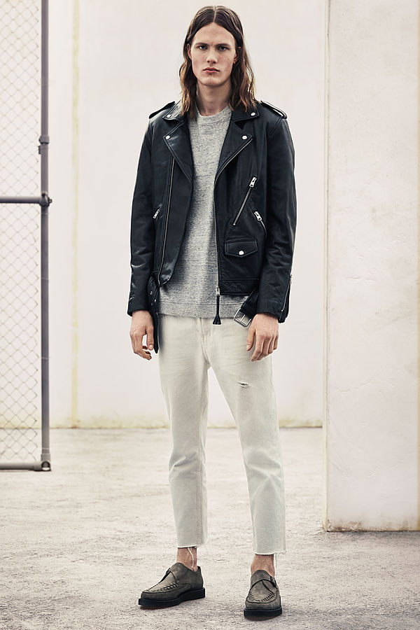 AllSaints Leather Biker Jacket, Etrain Crew Sweatshirt, Armstrong Pistol Jeans and Arc Shoes.