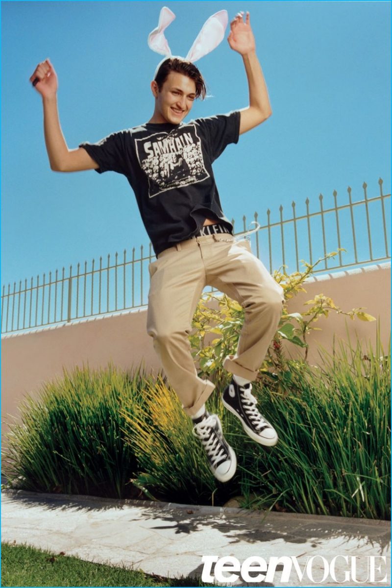 Anwar Hadid wears bunny ears as he sports a vintage tee with Celestine Cooney’s personal vintage rock tee with A.P.C. pants.