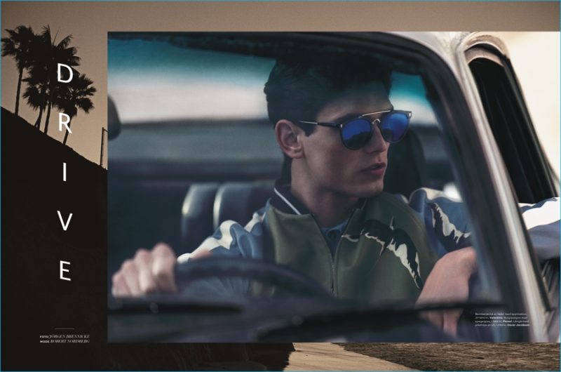 Arthur Gosse pictured in a leather bomber jacket from Valentino.