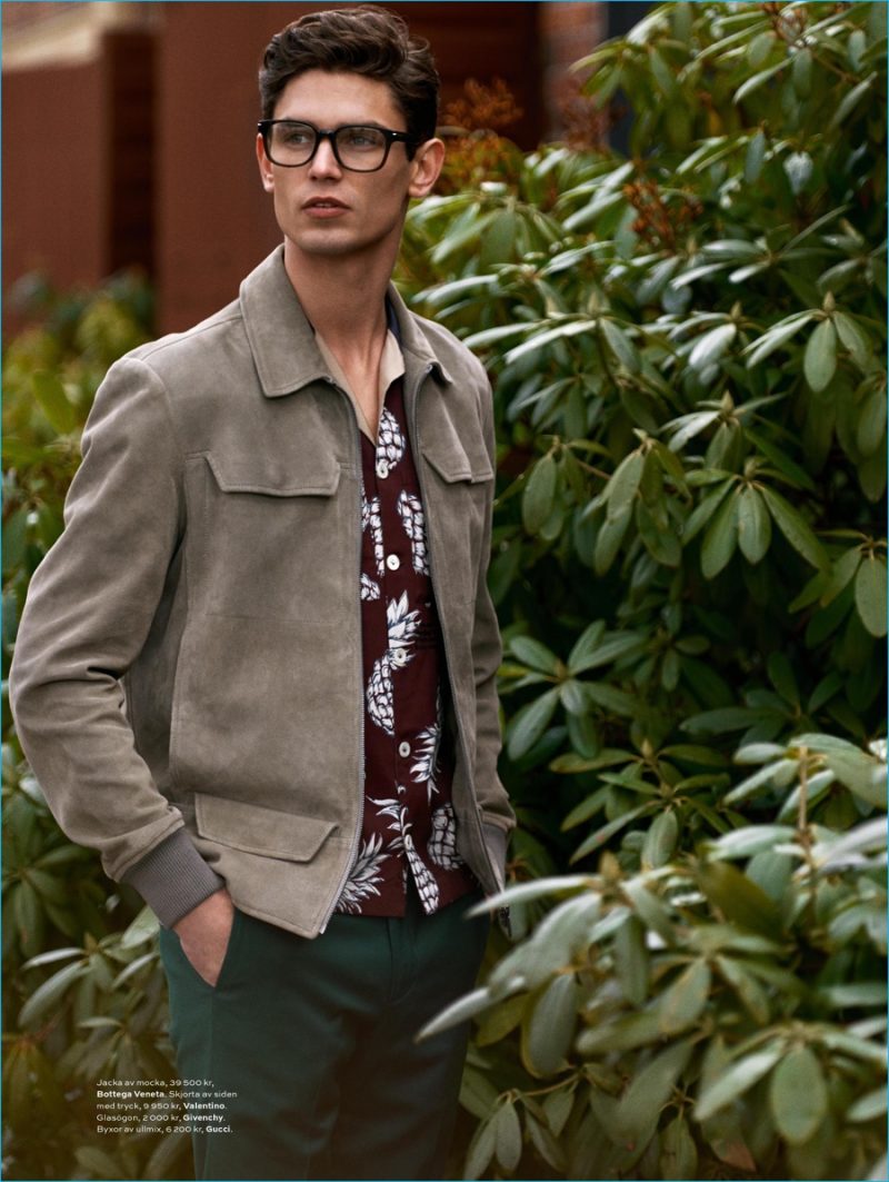 Arthur Gosse plays it smart in a suede jacket from Bottega Veneta.