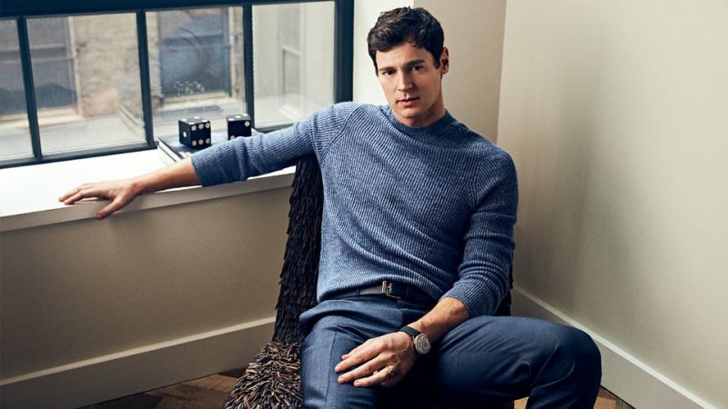 Shades of Blue: Benjamin Walker relaxes in Dunhill slim-fit ribbed mohair and linen-blend sweater, Canali stretch wool and silk-blend trousers, Ressence Type 1 G titanium and leather watch and Givenchy 4cm navy leather belt.